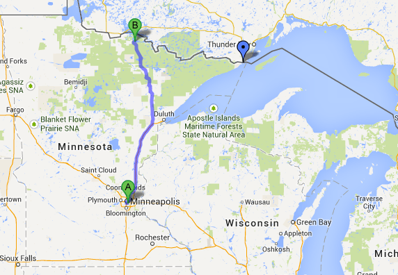 Driving from Minneapolis to International Falls MN where we put in. The blue pin on the right is Grand Portage where we would end our journey.